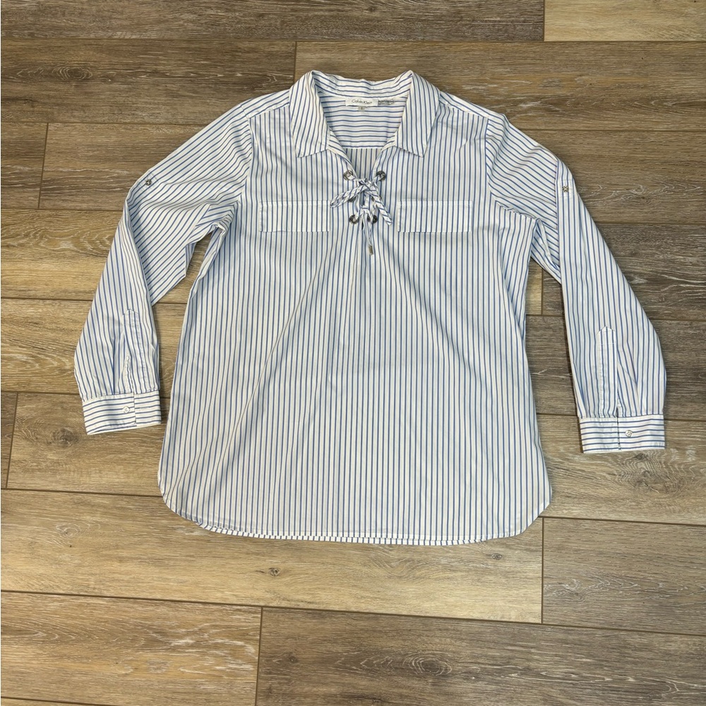 Calvin Klein Blouse Sz L Blue/White Stripe Top Roll up Sleeves Coastal Preppy